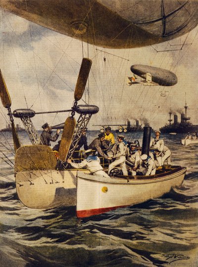 航海中の戦艦に補給する飛行船（イラスト：Achille Beltrame、イラストレーター：Achille Beltrame（1871-1945）、1910年5月5日付「La Domenica del Corriere」より 作： Achille Beltrame