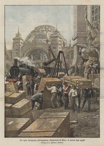 ミラノ国際博覧会の開幕前夜、物資の荷下ろし 作： Achille Beltrame