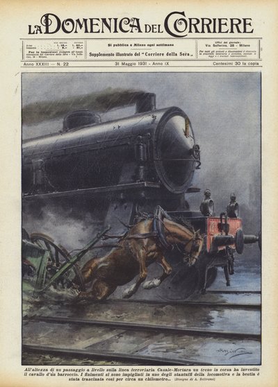 カザーレモルタラ鉄道の踏切で走る列車ですか？ 作： Achille Beltrame