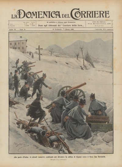 イタリアの門で、現在の合同作戦は、Gigno Sanの丘をGran San Bernardoに向かって守るための作戦です 作： Achille Beltrame