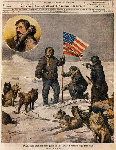 北極点に米国旗を植えるアメリカ人探検家クック（Achille Beltrame（1871-1945）のイラスト）、「La Domenica del Corriere」9月12日号より。 作： Achille Beltrame