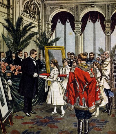 Quo Vadis? の著者の記念日、ワルシャワでのSinkieviczへの贈り物、Achille Beltrameのイラスト、La Domenica del Corriere、No.3、1月20日。 作： Achille Beltrame