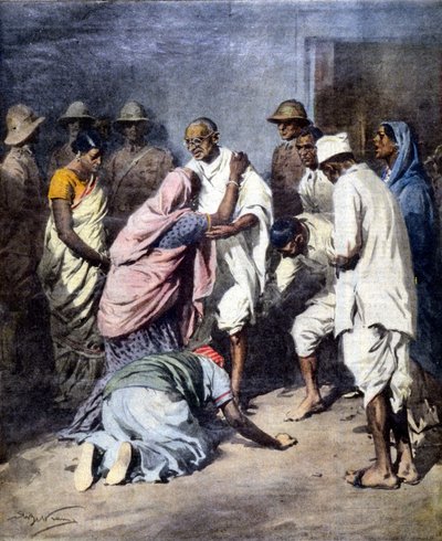 マハトマ・ガンジー（1869-1948）の逮捕。Ill. de Achille Beltrame.La Domenica del Corriere.1932 作： Achille Beltrame
