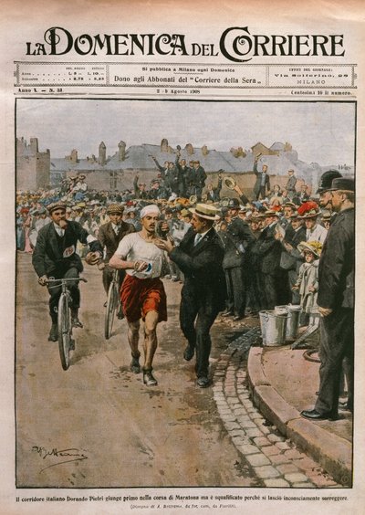 ドランド・ピエトリ（1885-1942）のマラソンでの到着（ロンドンオリンピック）、イラスト：Achille Beltrame（「La Domenica del Corriere」8月2-9日号より 作： Achille Beltrame