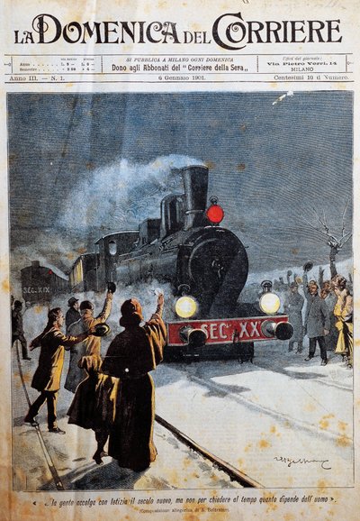 新世紀の到来、喜びをもって新世紀を迎える人々、イラスト：Achille Beltrame（1871-1945）、「La Domenica del Corriere」1月6日号より 作： Achille Beltrame