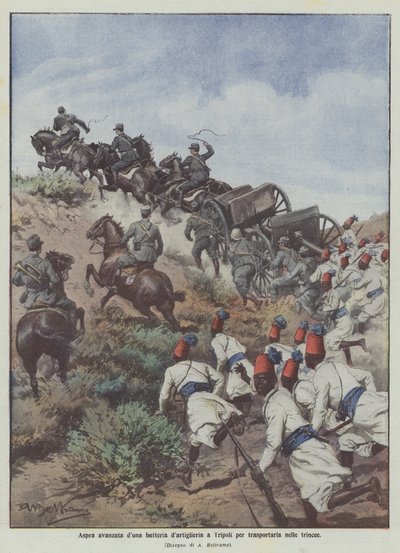 トリポリにある高度な砂丘砲兵隊のバッテリーを塹壕に運ぶ 作： Achille Beltrame