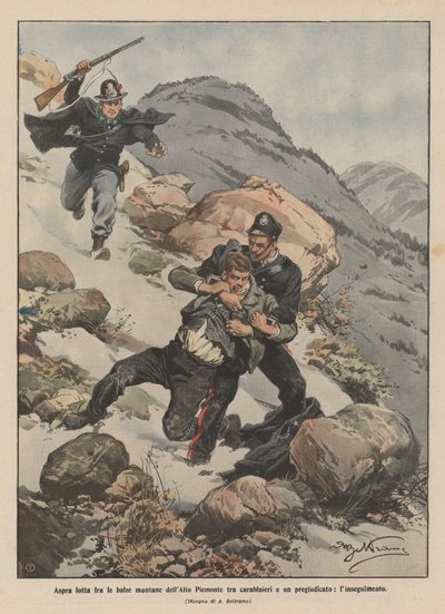 カラビニエリと犠牲者の間のアッパーピエモンテの山の岩山の間の苦い戦い、追跡 作： Achille Beltrame