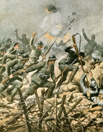 オルティガラ山への攻撃、アキレ・ベルトラーメ（1871-1945）作、「ラ・ドメニカ・デル・コリエール」のイラスト 作： Achille Beltrame