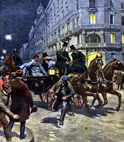 1901年3月6日夜、ドイツ皇帝ウィルヘルム2世（1859-1941）がブレーメン駅に向かう馬車の中で襲われた事件。イラスト：ベルトラメLa Domenica del corriere.17/06/1901. 作： Achille Beltrame