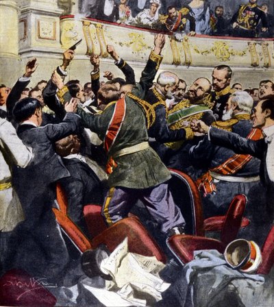 キエフ市内の劇場でロシア人大臣ストリーピンを襲撃。イラスト：ベルトラメ 作： Achille Beltrame