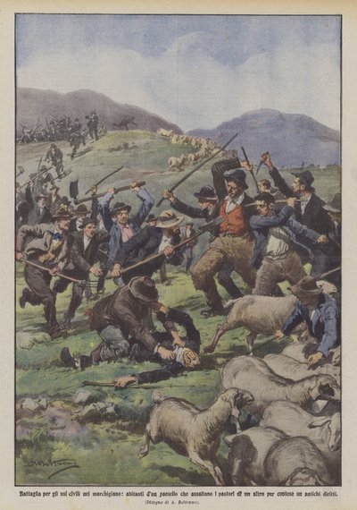 羊飼いを攻撃する村の住民であるマルケでの民間使用のための戦い？ 作： Achille Beltrame