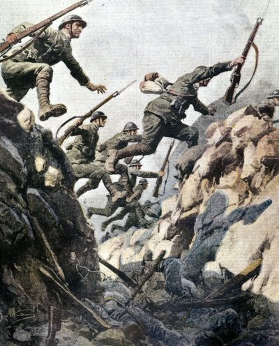 オルティガラの戦い（1917年6月）。プレートはA.ベルトラメによるもの。 作： Achille Beltrame