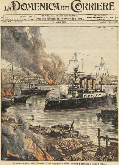 オデッサを砲撃する戦艦ポチョムキン（イラスト、Achille Beltrame）（1871-1945）（『ラ・ドメニカ・デル・コリエール』より 作： Achille Beltrame