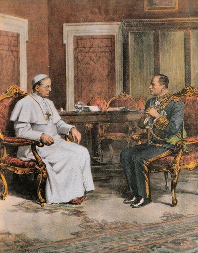 2月11日、教皇ピウス11世と会見するベニート・ムッソリーニ 作： Achille Beltrame
