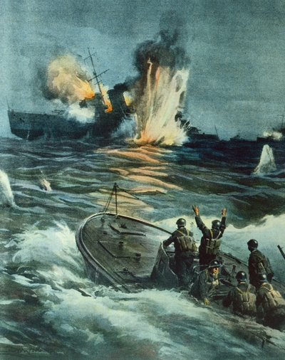 イギリスの巡洋艦がイタリアのMASに撃沈される（6月1日 作： Achille Beltrame