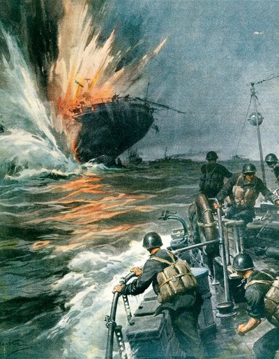 イギリスの商船が地中海でイタリアのMASに撃沈される（8月3日 作： Achille Beltrame