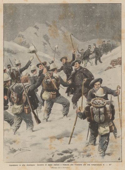 高山での大晦日、気温-16°の国境でのイタリアとフランスのアルプス軍の出会い 作： Achille Beltrame