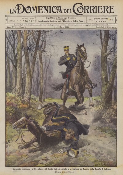 運が悪い、ベルギーのアルバート王は馬から落ちてソワネスの森で腕を骨折する 作： Achille Beltrame