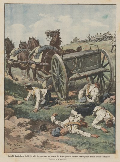 パレルモの近くで列車のワゴンで圧倒されるまぶしい砲兵の馬？ 作： Achille Beltrame