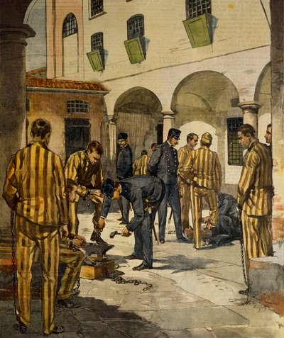 市民改革：イタリアの刑務所における鎖の廃止」（Achille Beltrame（1871-1945）著、1902年10月3日付「La Domenica del Corriere」より 作： Achille Beltrame