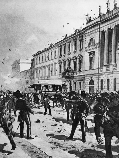 5月7日、ミラノのCorso Venezia、Palazzo Saporiti前でのデモ隊と警察の衝突。 作： Achille Beltrame