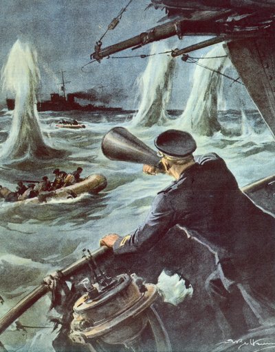 シチリア海峡での小型魚雷艇と英巡洋艦の衝突（10月20日 作： Achille Beltrame