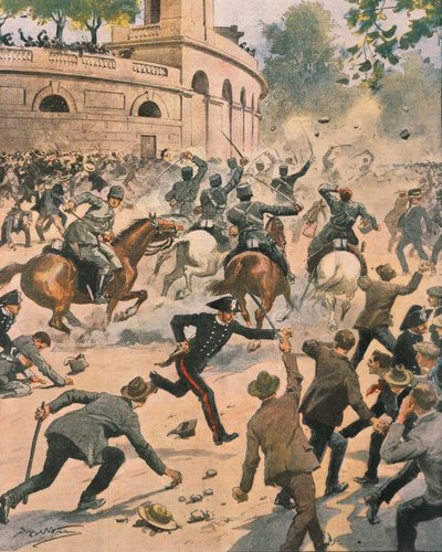 ミラノのゼネスト中のアレーナ前での衝突（1914年6月、La Domenica del CorriereよりAchille Beltrameのイラスト 作： Achille Beltrame