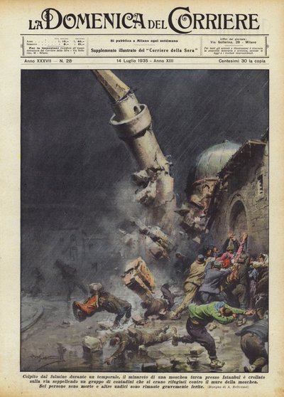 イスタンブール近くのトルコのモスクのミナレットは雷雨の時に稲妻に襲われましたか？ 作： Achille Beltrame