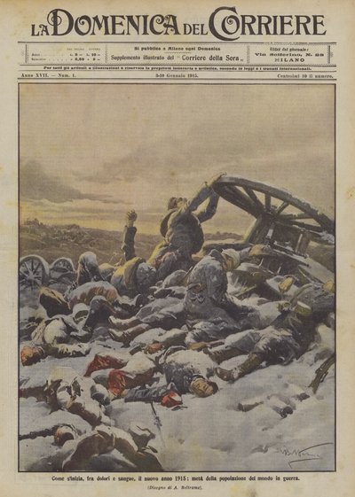 初めに、痛みと血の間で、戦争の世界人口の行き先である1915年の新しい年 作： Achille Beltrame