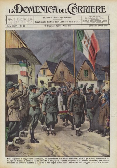 ユリウスアルプスの国境兵士のマドンニーナが、独創的で刺激的な式典で？ 作： Achille Beltrame