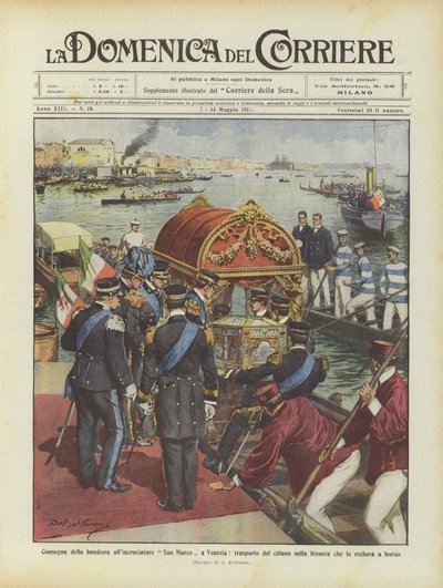 ヴェネツィアの巡洋艦サンマルコへの旗の配達、ビッソナでのボンネットの輸送？ 作： Achille Beltrame