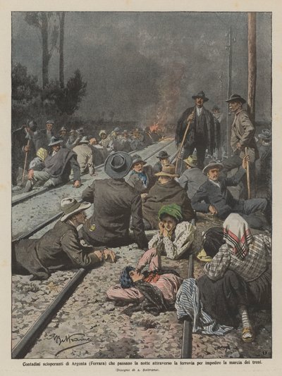 鉄道で夜を過ごすアルジェンタ（フェラーラ）の印象的な農家？ 作： Achille Beltrame
