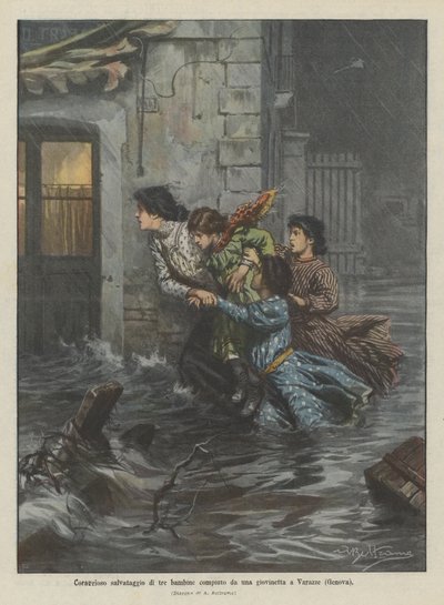ヴァラッツェ（ジェノア）の少女が作った3人の少女の勇敢な救出 作： Achille Beltrame