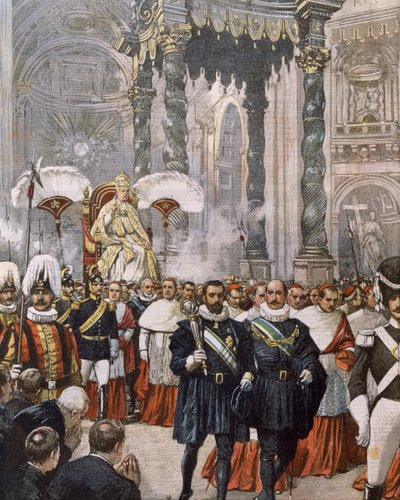 バチカンのサン・ピエトロ大聖堂で行われた教皇ピウス10世の戴冠式（イラスト：Achille Beltrame『La Domenica del Corriere』より 作： Achille Beltrame