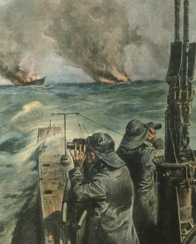 第二次世界大戦中、西アフリカ沿岸で魚雷攻撃を受ける英米の蒸気船の表紙イラスト 作： Achille Beltrame