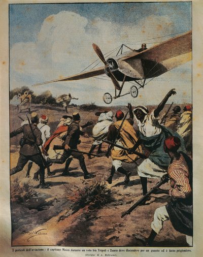 1912年9月22日付「La Domenica del Corriere」に掲載されたAchille Beltrame（1871-1945）によるアフリカキャンペーンで不時着を試みるMoizo大尉の表紙イラスト。 作： Achille Beltrame