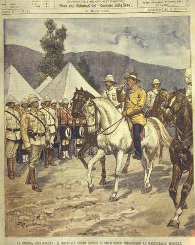 1850年から1902年のアングロ・ズールー戦争とアングロ・ボーア戦争で、ロバーツ元帥に降伏するクロニェ将軍の表紙イラスト。 作： Achille Beltrame