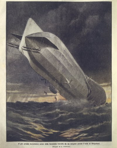 ヘリゴランド島付近でハリケーンに流されるドイツ巡洋艦の表紙イラスト 作： Achille Beltrame