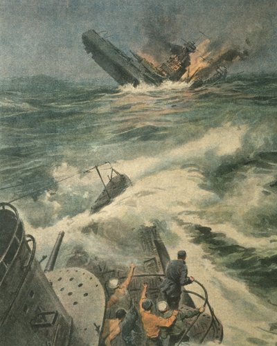 第二次世界大戦中、大西洋でイタリアの潜水艦バルバリゴに撃沈されるメリーランド級アメリカ戦艦の表紙イラスト 作： Achille Beltrame