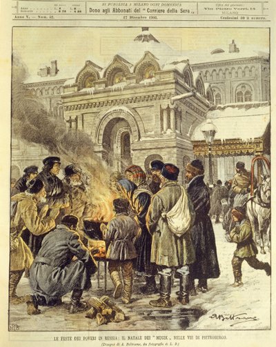 ロシア・サンクトペテルブルクの街角でクリスマスを祝うムジークたちの表紙イラスト 作： Achille Beltrame