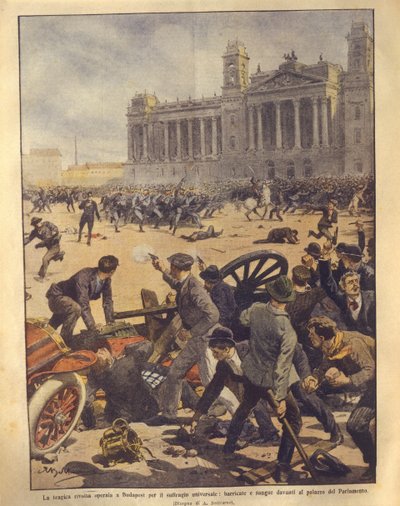 ブダペストの反乱における国会議事堂広場での戦闘の表紙イラスト 作： Achille Beltrame