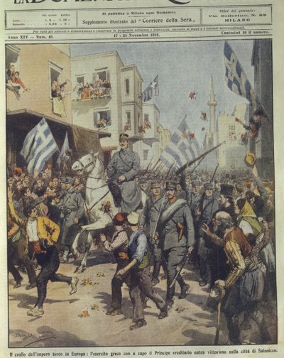トルコ帝国崩壊時にテッサロニキに入城するギリシャ軍の勝利の表紙イラスト 作： Achille Beltrame