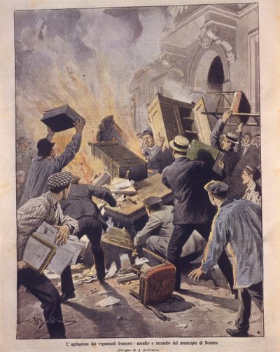 フランスの反乱時にワイン生産者がベジエ市庁舎に火を放っている表紙イラスト 作： Achille Beltrame