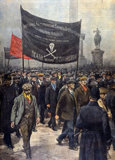 ストライキ中の未成年者のデモ。1922年ロンドン。Achille Beltrameによるイラスト。"La Domenica del Corriere". 作： Achille Beltrame
