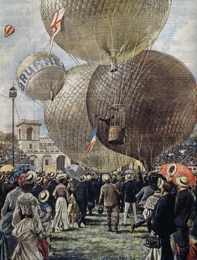 ミラノ航空ショーでの熱気球の出発（イラスト：Achille Beltrame、ラ・ドメニカ・デル・コリエール、6月19日より 作： Achille Beltrame