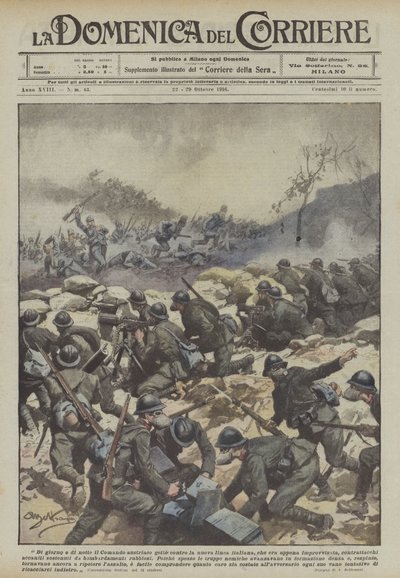昼間と夜間、オーストリア軍はイタリアの新しい路線に対抗しました。 作： Achille Beltrame