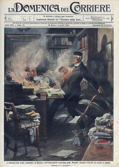 ナポリの研究室で死去 ジュゼッペ・メルカリ（1850 -1914）イタリアの地震学者、火山学者。"La domenica del corriere "にアキレ・ベルトラーメが描いたイラスト。1914. 作： Achille Beltrame