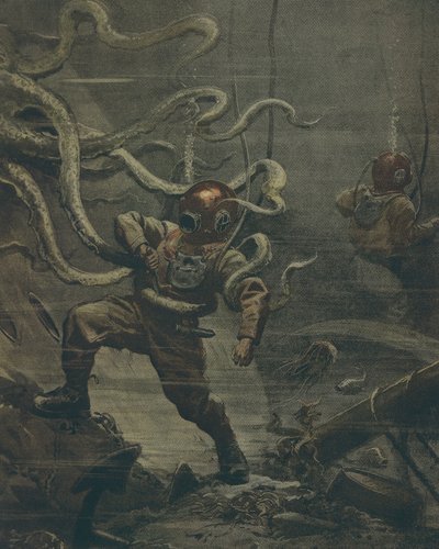 ダイビング中に巨大なタコに襲われるダイバー（イラスト：Achille Beltrame、イラストレーター：Achille Beltrame（1871-1945）、1908年10月25日付「La Domenica del Corriere」より 作： Achille Beltrame