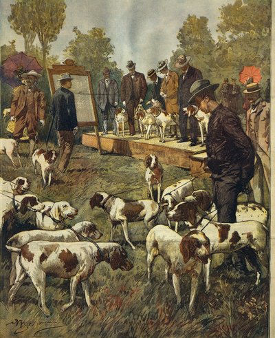 サン・シーロ（ミラノ）で行われた狩猟犬のドッグショーとフィールドトライアル、Achille Beltrame（1871-1945）作、1899年7月2日のLa Domenica del Corriereより。 作： Achille Beltrame