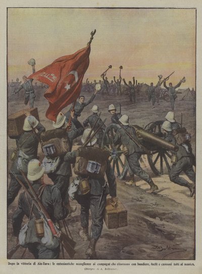 アインザラの勝利の後、旗を持って帰る同志への熱烈な歓迎？ 作： Achille Beltrame